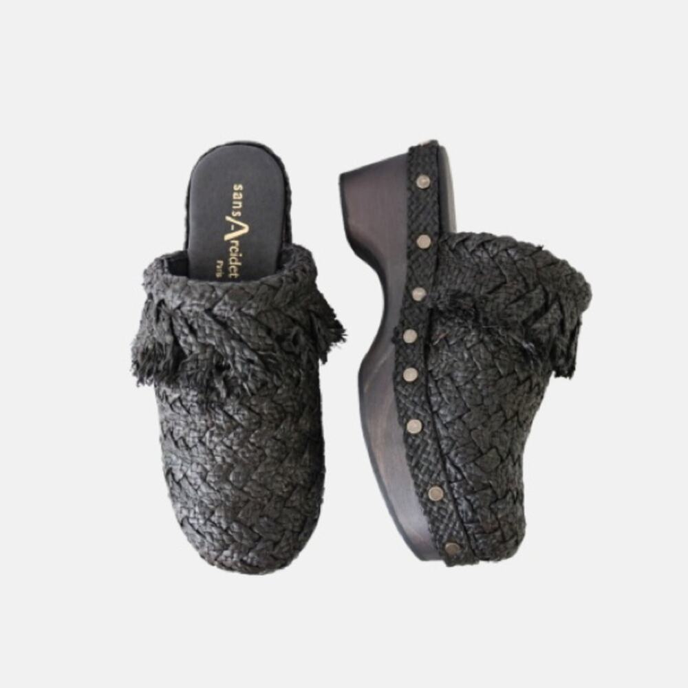 Sans Arcidet Women's Paris Black Rafia Fringe Clogs Open Back Size 41
